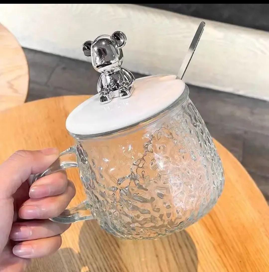 Textured Bunny Glass Coffee Mug with Spoon and beautiful bear handle cover