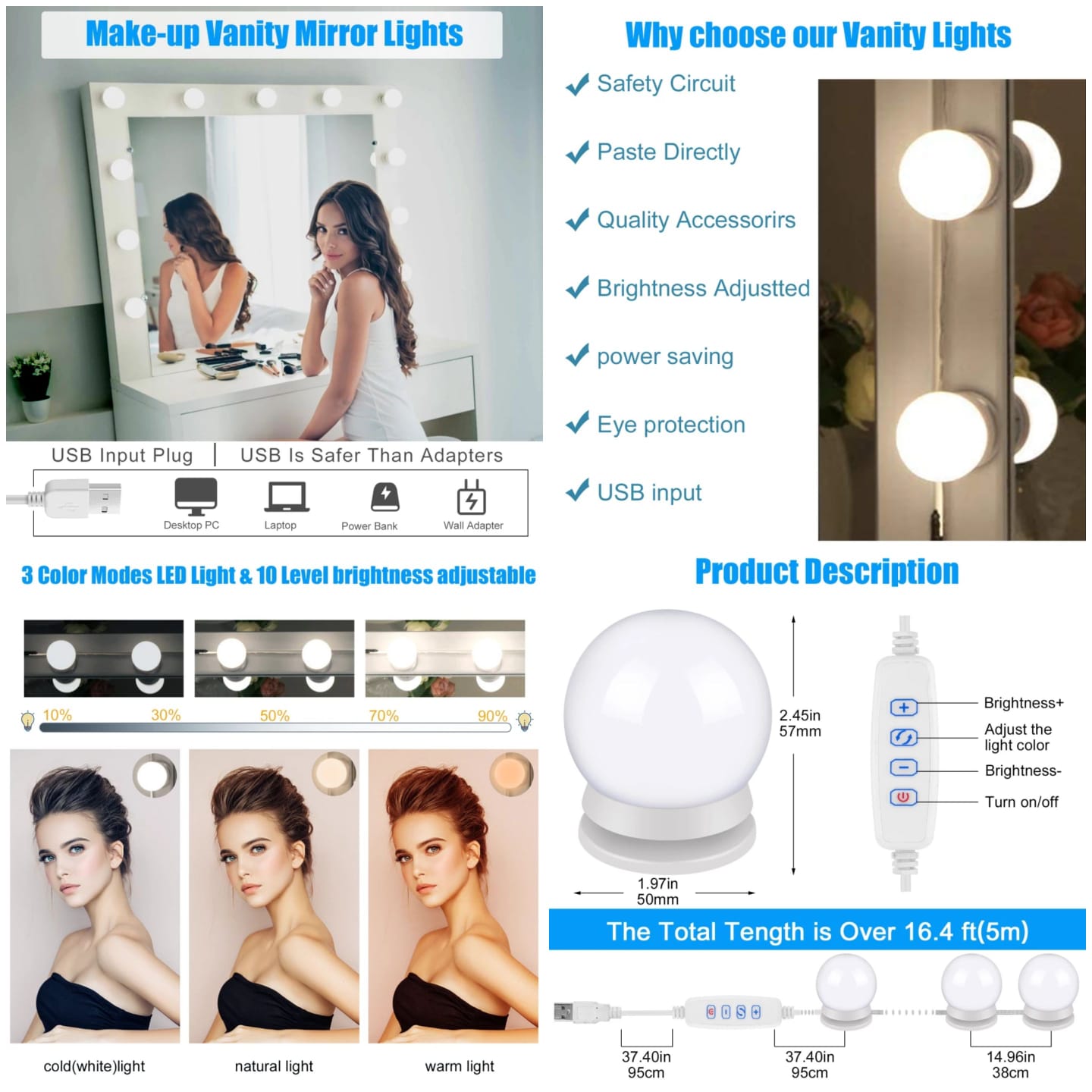 10-Bulb Vanity Mirror Light (3 Modes) USB Operated with Box Packing